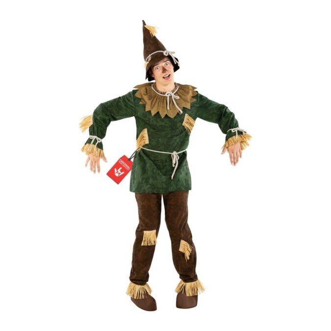 Men's Friendly Scarecrow Costume from MorphCostumes, a green tunic with straw cuffs and a leaf-cut collar, brown patched trousers with straw at the ankles, a rope belt and a brown pointed hat