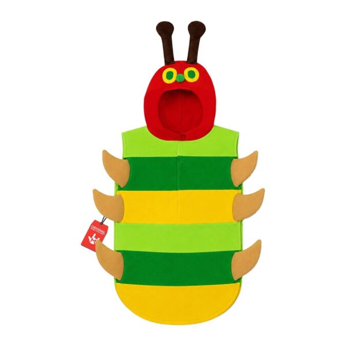 The MorphCostumes Boys Caterpillar Costume laid flat, a green and yellow striped tunic with tan claw legs on each side and a red hood with a caterpillar face