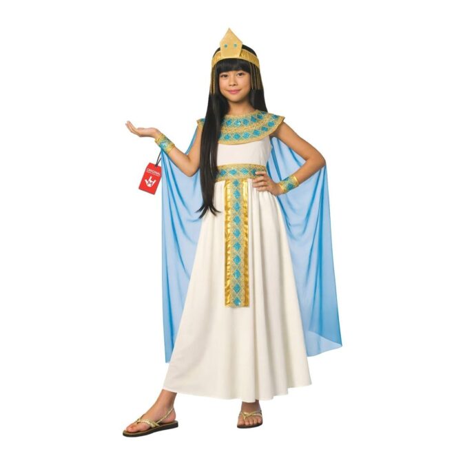 Girl wearing the MorphCostumes Girls Cleopatra Costume, a long cream gown with a gold and turquoise jewelled collar, a gold headpiece, turquoise wrist cuffs, and a pale blue cape