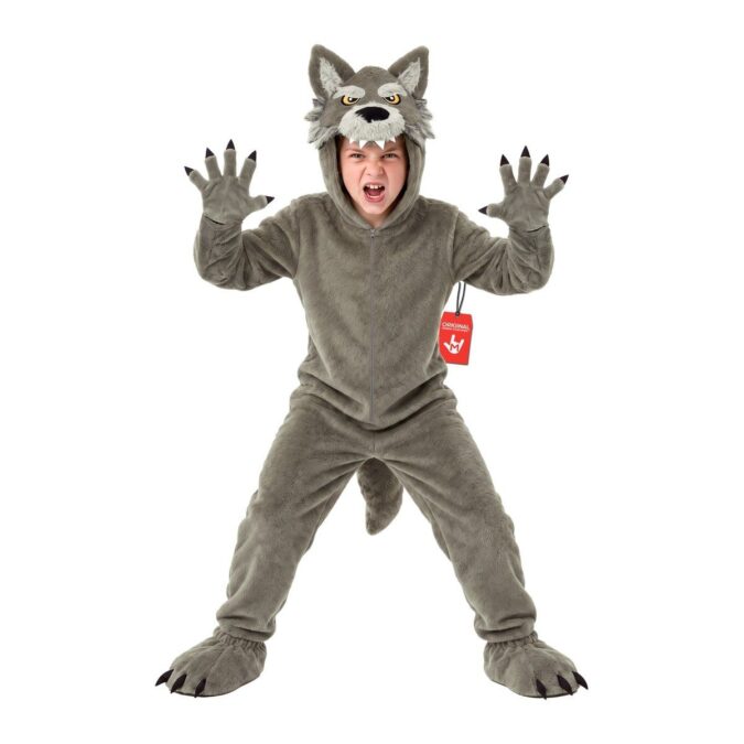 Child wearing the MorphCostumes Kids Wolf Jumpsuit Costume, a grey furry zip-up jumpsuit with a wolf-head hood, clawed paw gloves, and clawed foot covers