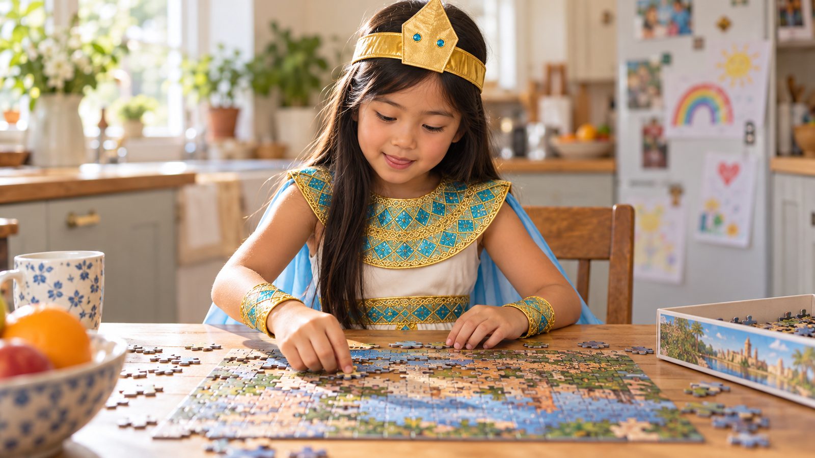Girl in a cream Egyptian queen fancy dress costume with a gold collar and a pale blue cape, concentrating on a jigsaw puzzle at a kitchen table