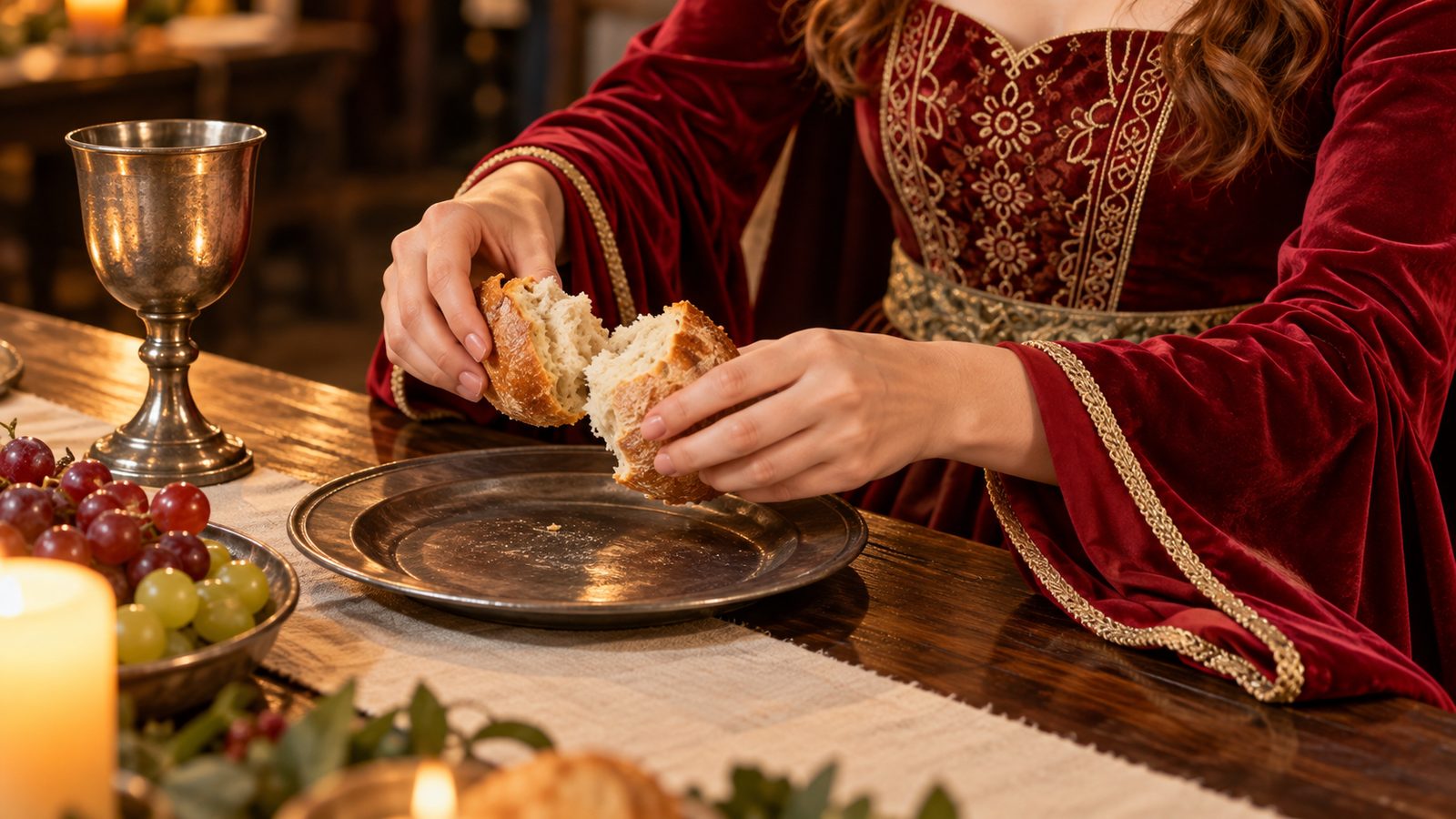 Close-up of a woman in a red velvet-style gown with gold-trimmed trumpet sleeves tearing a bread roll over a pewter plate at a banquet table, a pewter goblet and grapes beside her