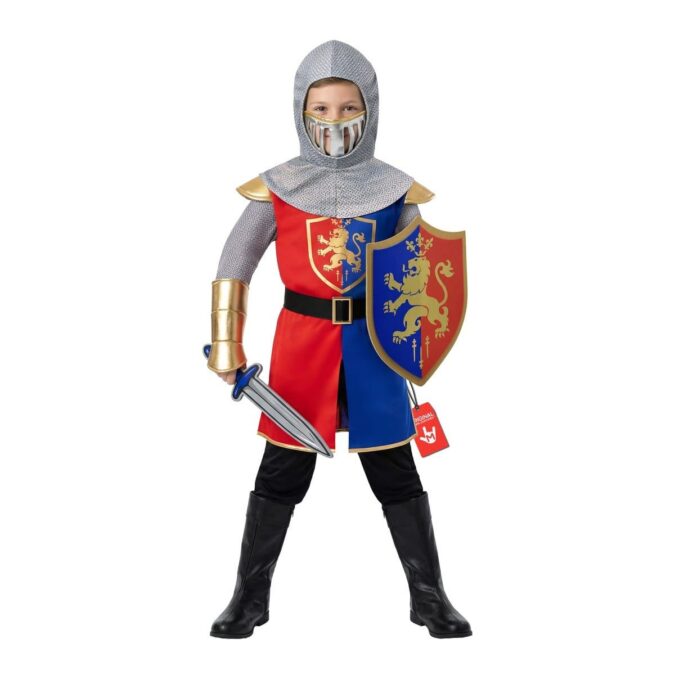 Boys Medieval Knight Costume from MorphCostumes, a split red and blue tunic with a gold lion crest, a black belt, a matching lion crest shield, a toy sword, gold arm cuffs and a grey chainmail-effect hood