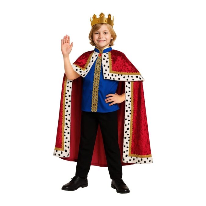 Boys Red Royal King Costume with Cloak from MorphCostumes, a red velvet-feel cape with white spotted faux ermine trim over a blue tunic top with gold accents and a gold crown