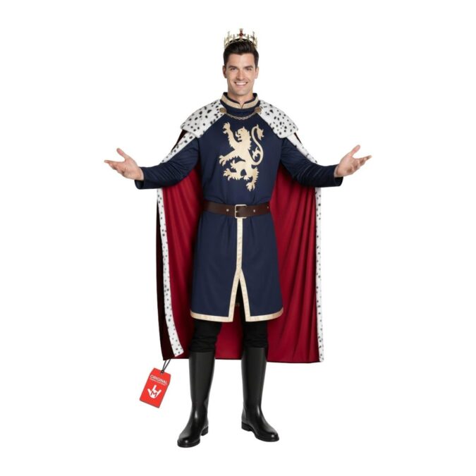 Men's Royal King Costume from MorphCostumes, a navy tunic with a gold lion emblem, a brown belt, a red cape with white spotted fur-effect trim and a bronze-gold crown