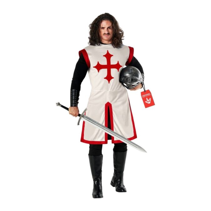 Men's White Medieval Knight Costume from MorphCostumes, a long white tunic with a red cross on the chest and red trim, shown with a helmet and sword that are sold separately