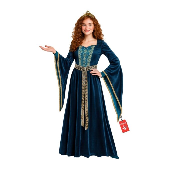 Women's Blue Renaissance Gown Costume from MorphCostumes, a floor-length dark teal-blue velvet-style gown with a gold embroidered bodice panel, long trumpet sleeves edged in gold, a gold sash and a small gold tiara crown
