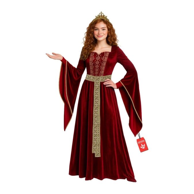 Women's Red Renaissance Costume from MorphCostumes, a floor-length deep red velvet-style gown with an embroidered gold bodice, long trumpet sleeves trimmed in gold, a gold sash and a small gold tiara crown