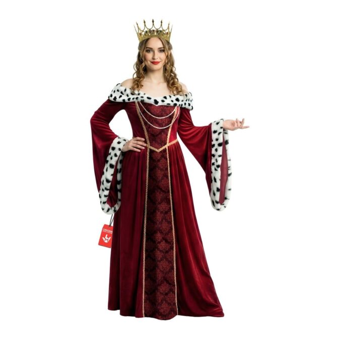 Women's Royal Queen Dress Costume from MorphCostumes, a floor-length red velvet-look gown with a patterned centre panel, gold trim, bell sleeves edged in white spotted faux fur and a gold crown