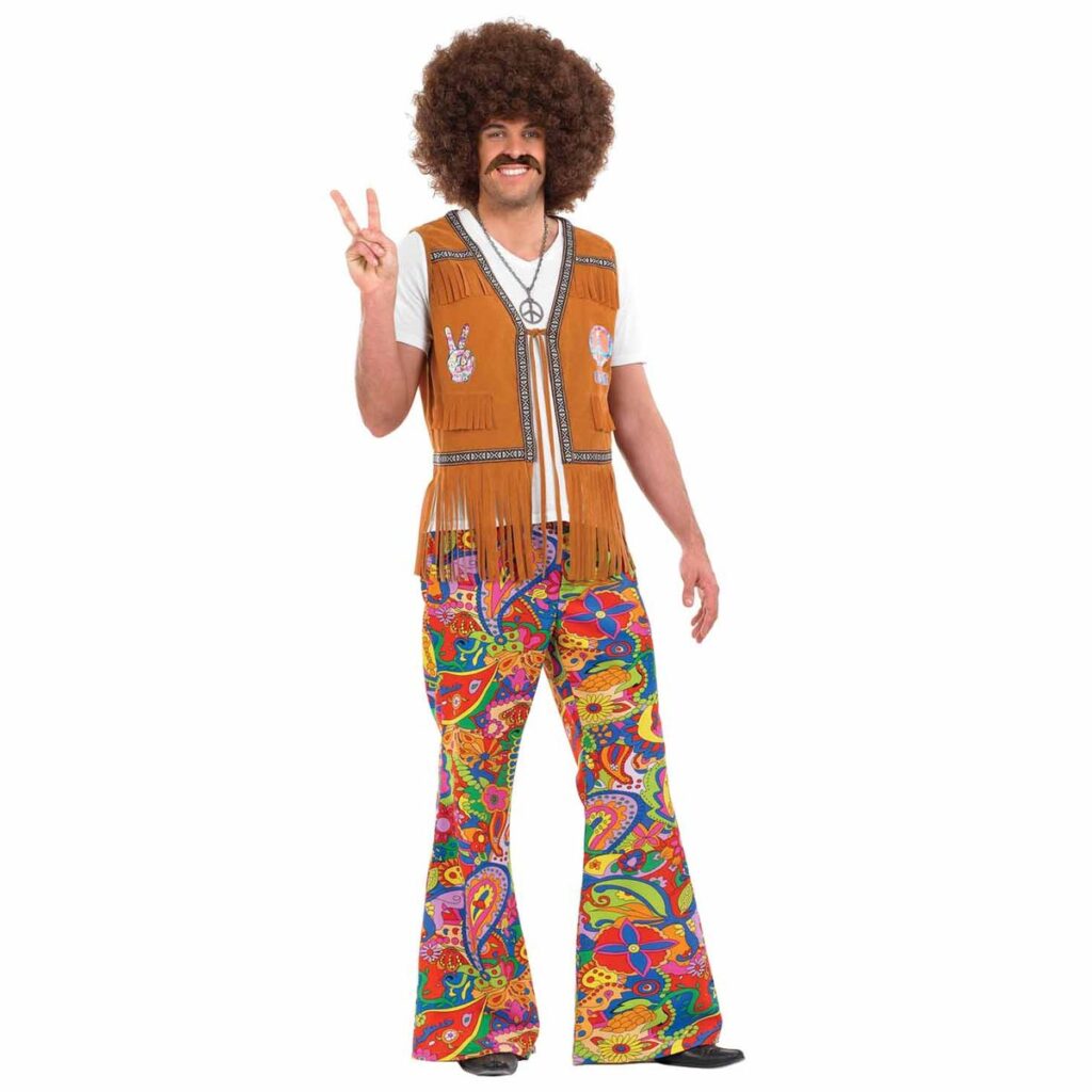 Man wearing bright paisley-print 60s psychedelic flares with a white tee and brown fringed vest Filename: mens-60s-psychedelic-flares-showcase