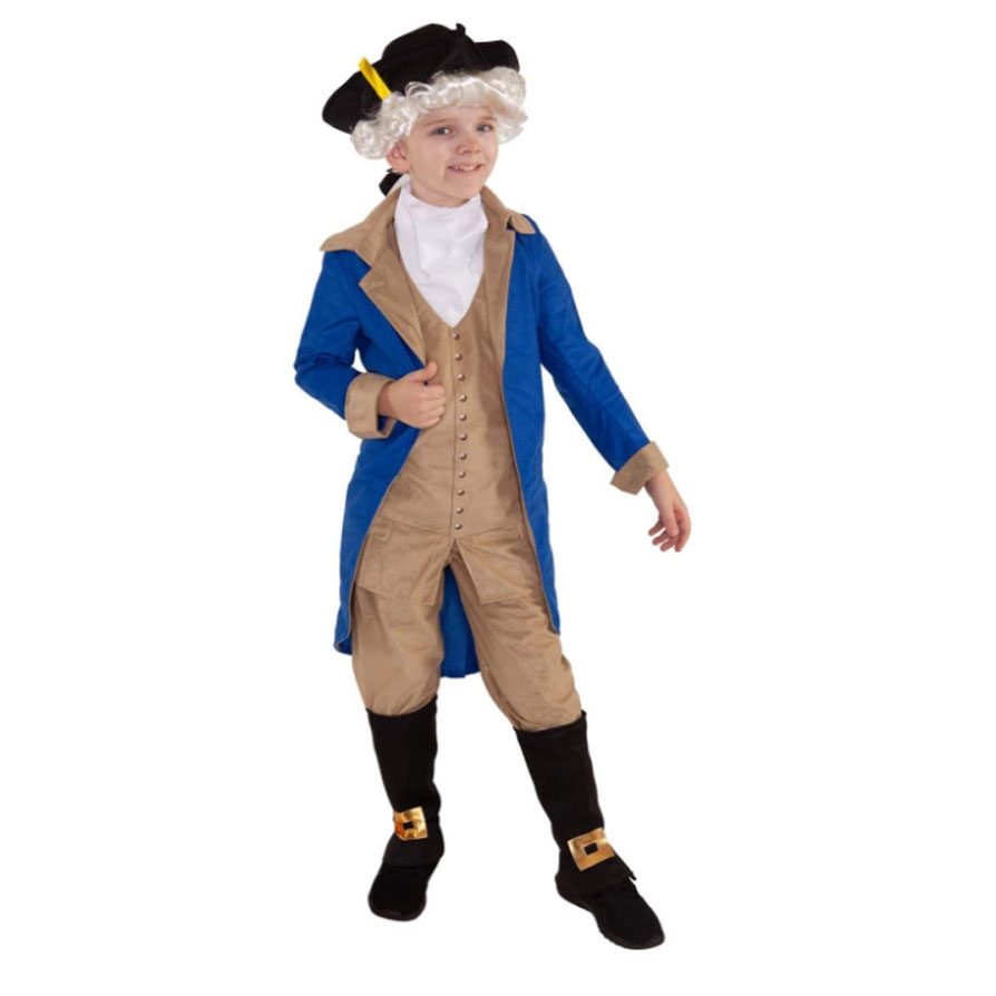 Boy in a blue colonial coat with tan vest and knee breeches, white wig, black tricorn hat and black boot covers with gold buckles