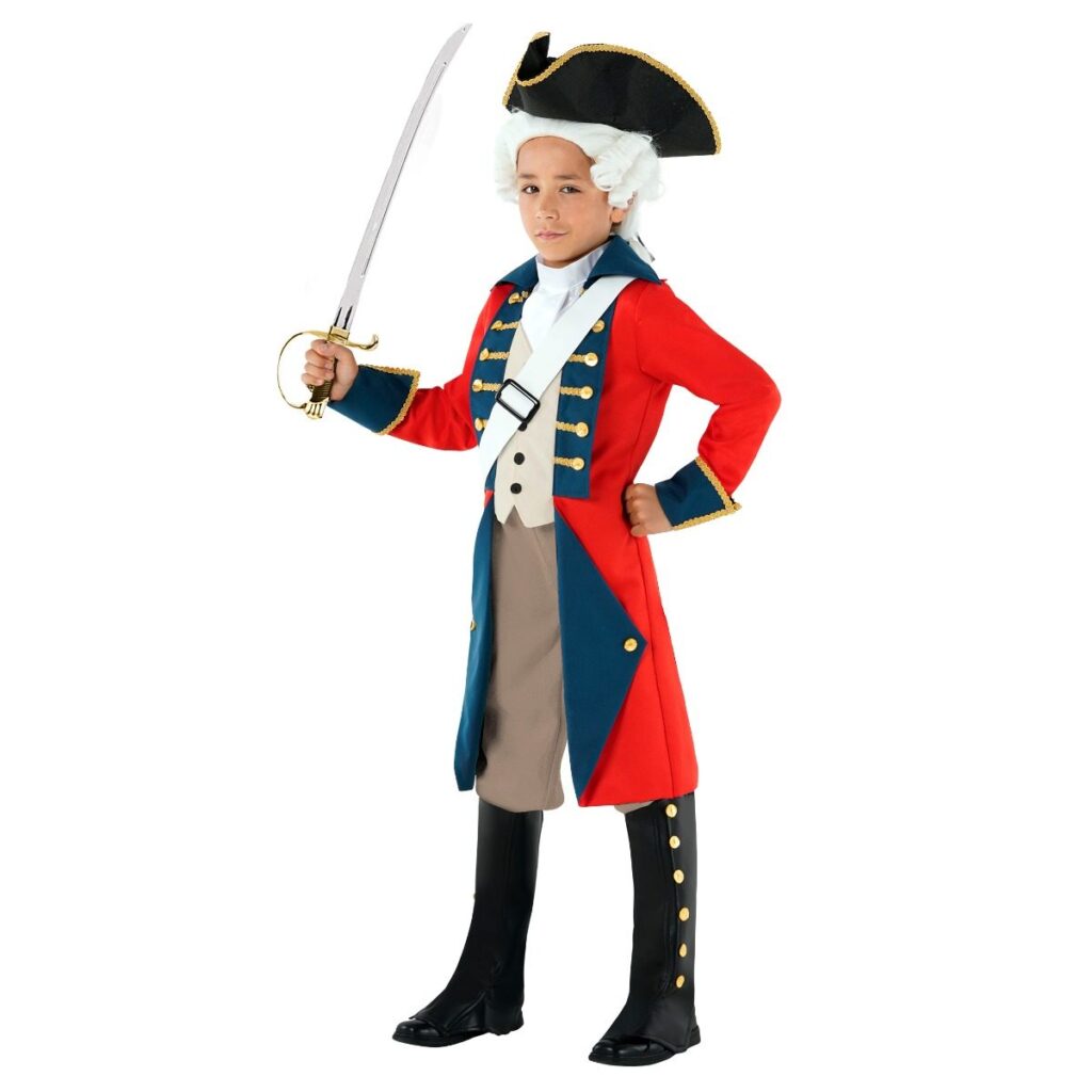 Child in a red colonial soldier jacket with navy facings and gold braid, white cross-belt, tan breeches, tricorn hat and black boot covers 