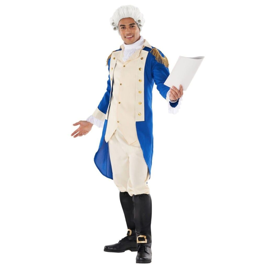 Man in a blue colonial general costume with gold fringe epaulettes, attached buff waistcoat, knee breeches, white cravat, white wig and black boot covers with gold buckles