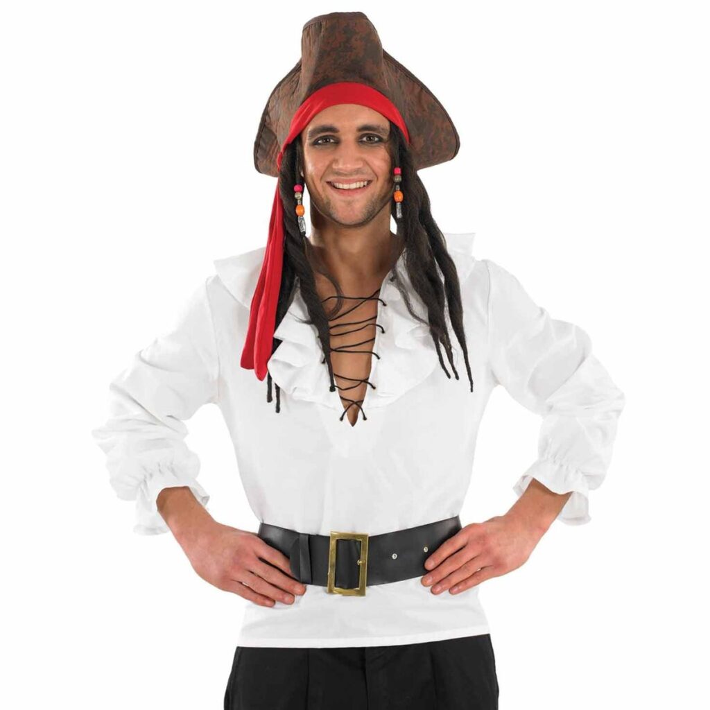 White colonial-style shirt with a ruffled lace-up collar and ruffled sleeve cuffs worn with a wide black belt