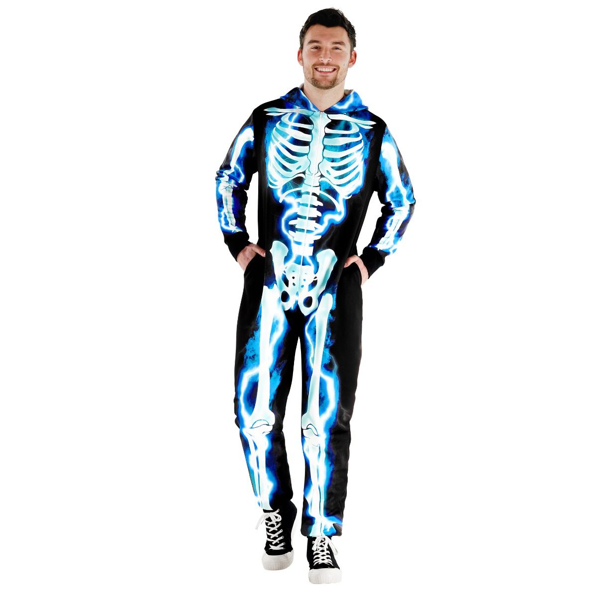 Mens skeleton onesie costume with an electric blue pattern printed over the white bone design on a black base