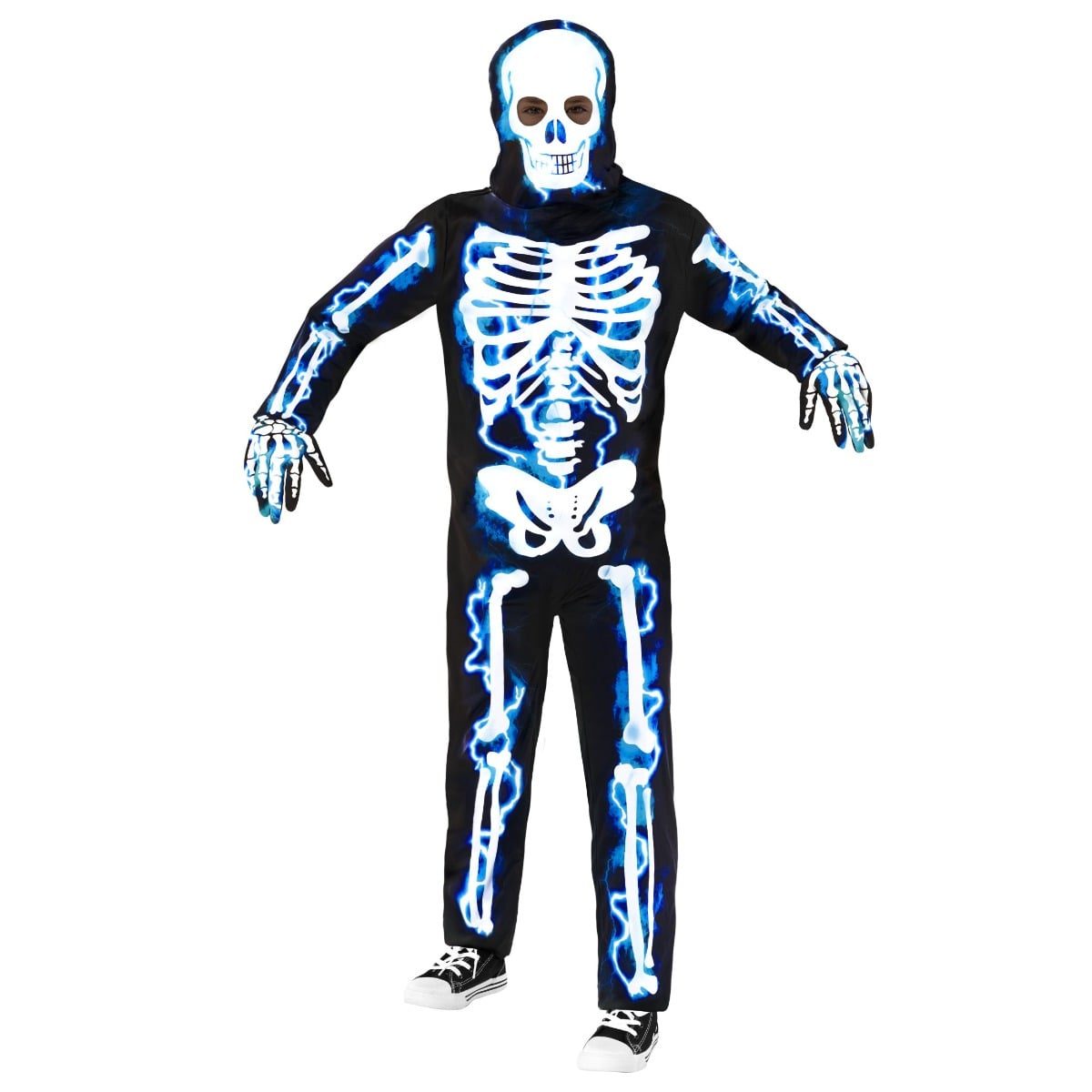 Kids skeleton jumpsuit costume with a blue and white electric bone pattern, a matching hood printed as a skull with open eyeholes, and bone-print gloves