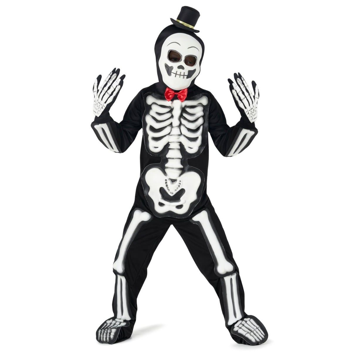 Kids glow-in-the-dark skeleton costume with raised white bone pieces on a black jumpsuit, a white skull mask on the hood, bone-print gloves, a small top hat and a red bow tie