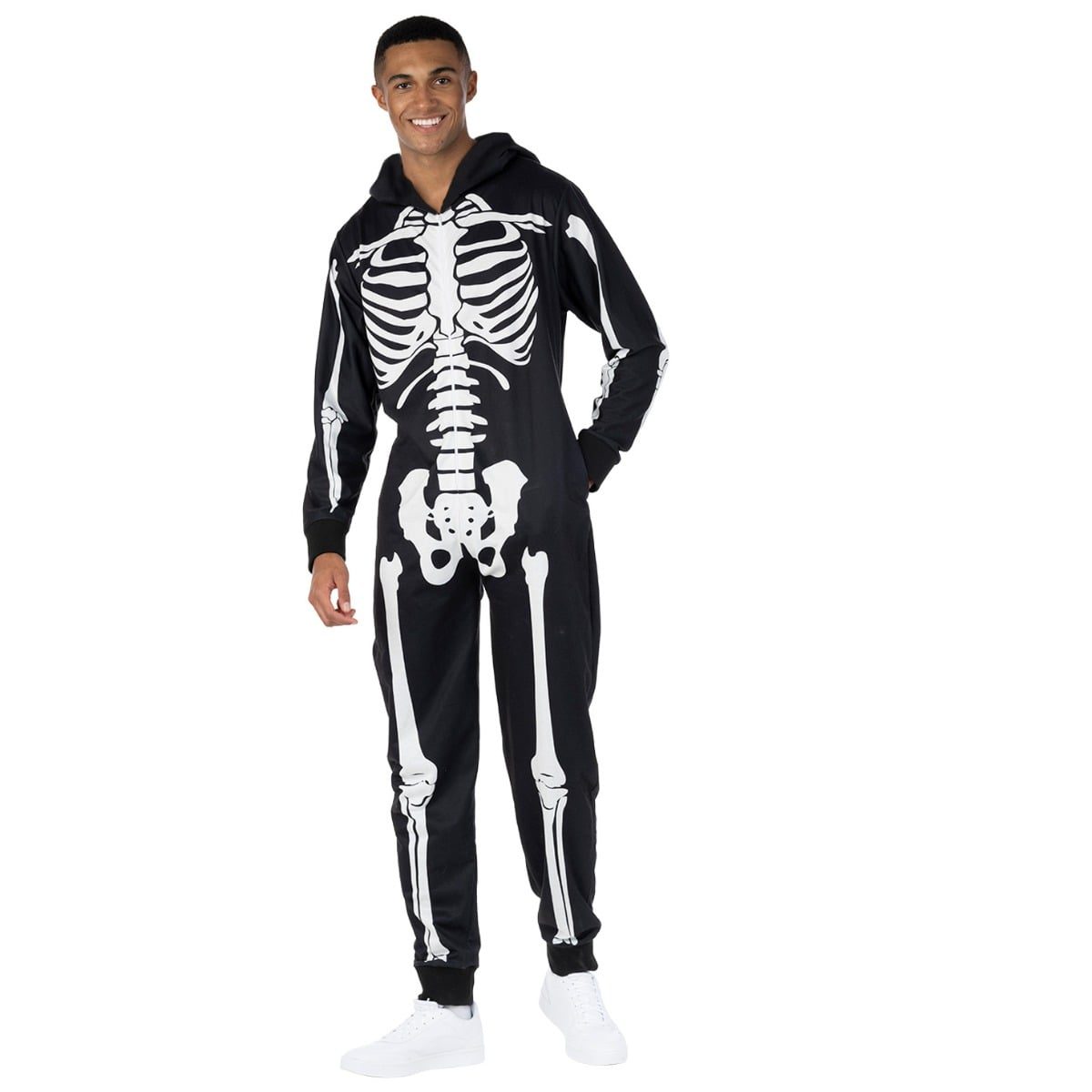 Mens black skeleton onesie costume with white bone print on the front and an open hood leaving the face uncovered