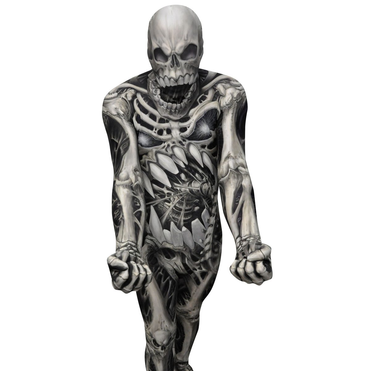 Adult full-body skeleton Morphsuit printed with twisted bones and a skull face covering the head completely