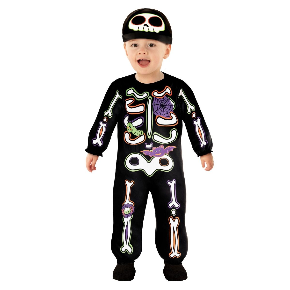Toddler skeleton costume as a stretchy black footed jumpsuit with a cartoon bone print outlined in green, orange and purple, with a friendly bat and spider, and a matching skull cap