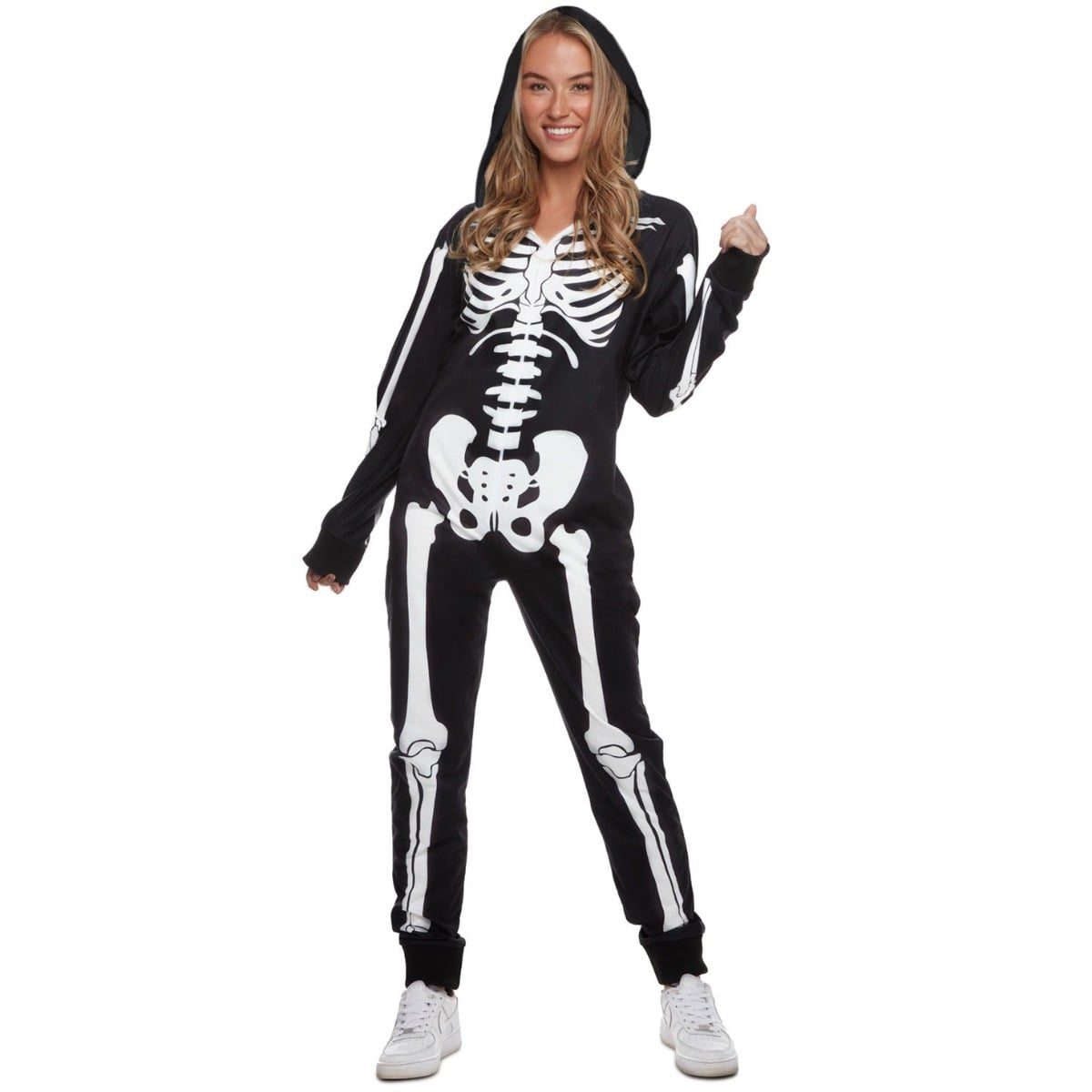 Womens black skeleton onesie costume with full-length white bone print, cuffed sleeves and pockets