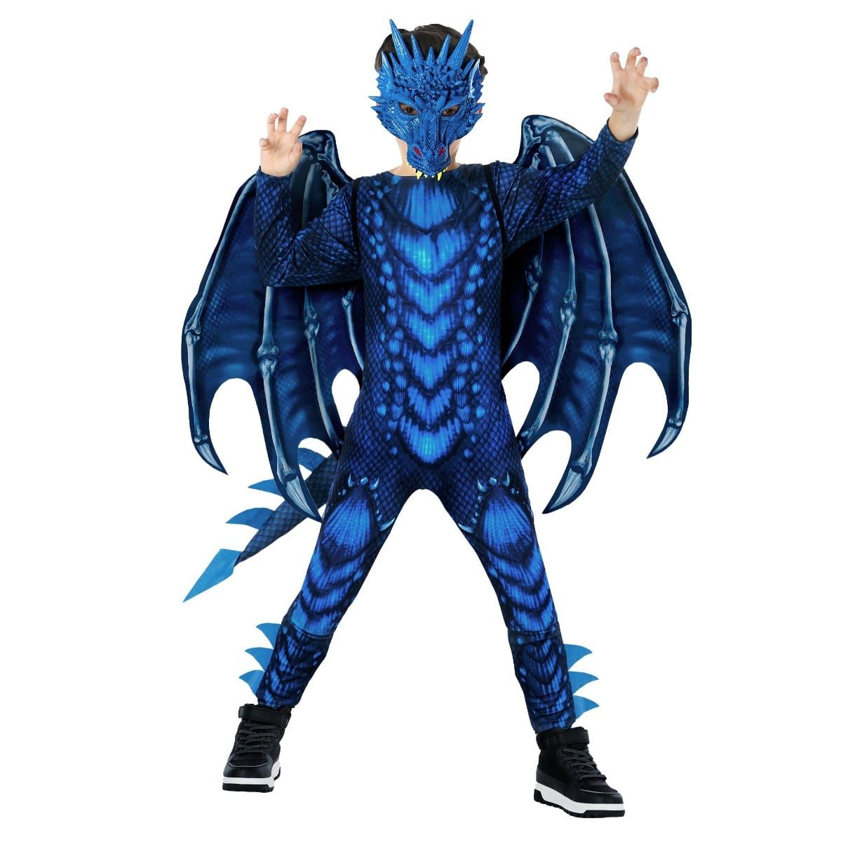 Boy in a blue scaled dragon jumpsuit with a bone-ridged wing spread, spined tail, and a hand-painted horned blue dragon mask that leaves his eyes visible