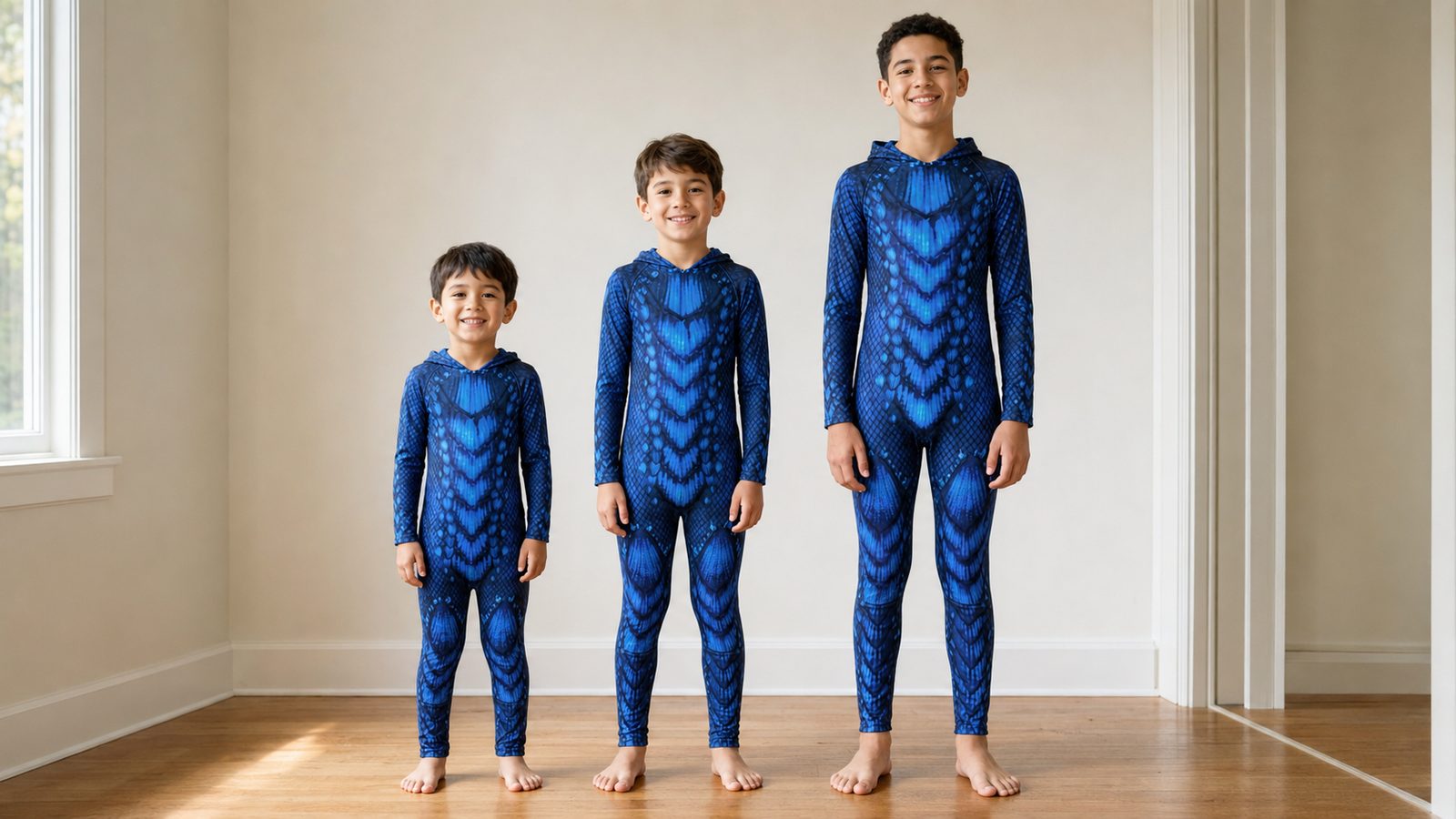 Three boys of different heights standing side by side in daylight wearing the same style of printed one-piece costume bodysuit, showing how the cut sits through the shoulders, waist and ankles at each size