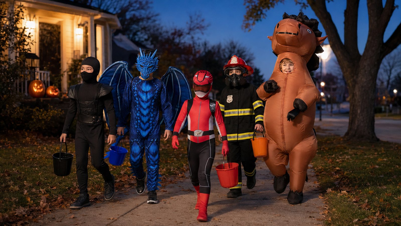 Five boys of different ages trick-or-treating on a suburban street at dusk in a black ninja outfit with a faux-armor vest, a blue scaled dragon jumpsuit with wings, a red and black full-body printed morphsuit with a helmet-style hood, a black firefighter jacket with reflective stripes and a giant inflatable brown horse costume