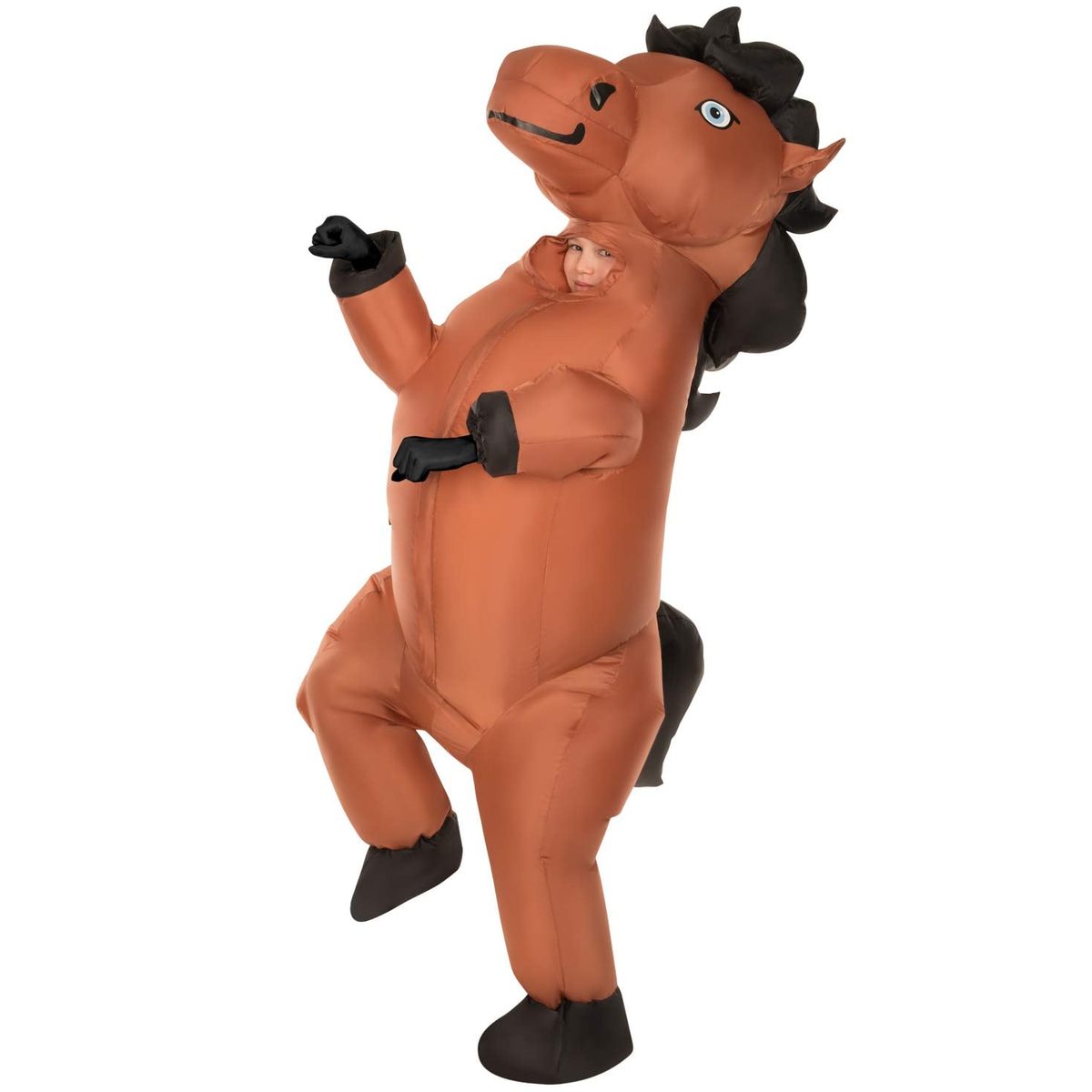 Child inside a giant inflatable brown horse costume rearing on its hind legs, with a black mane and tail, black hooves and gloves, and the child's face visible in the horse's chest