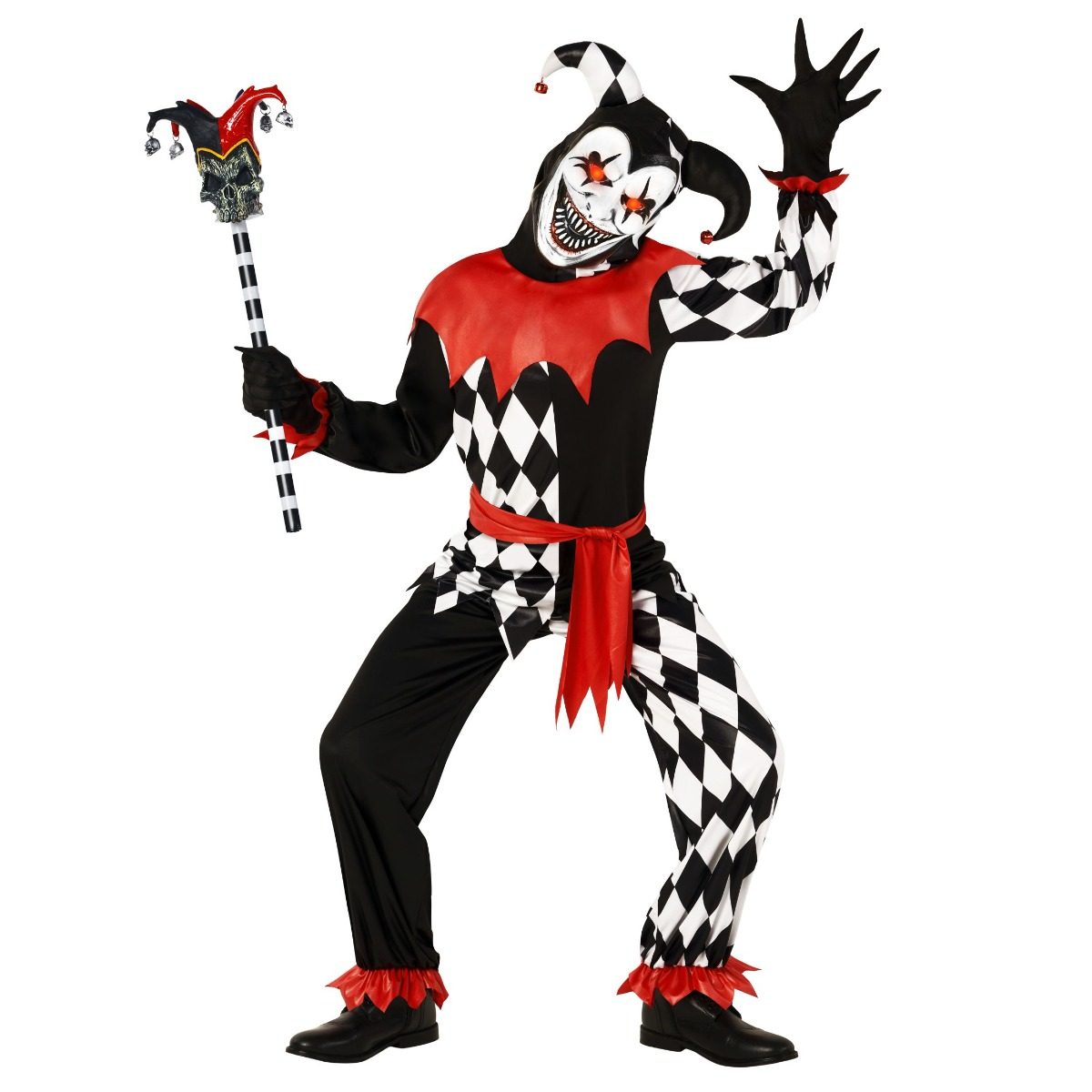 Child in a black and white harlequin diamond jester costume with a red bib and sash, red-trimmed cuffs, black gloves, a belled jester hood and a grinning light-up mask with glowing orange eyes