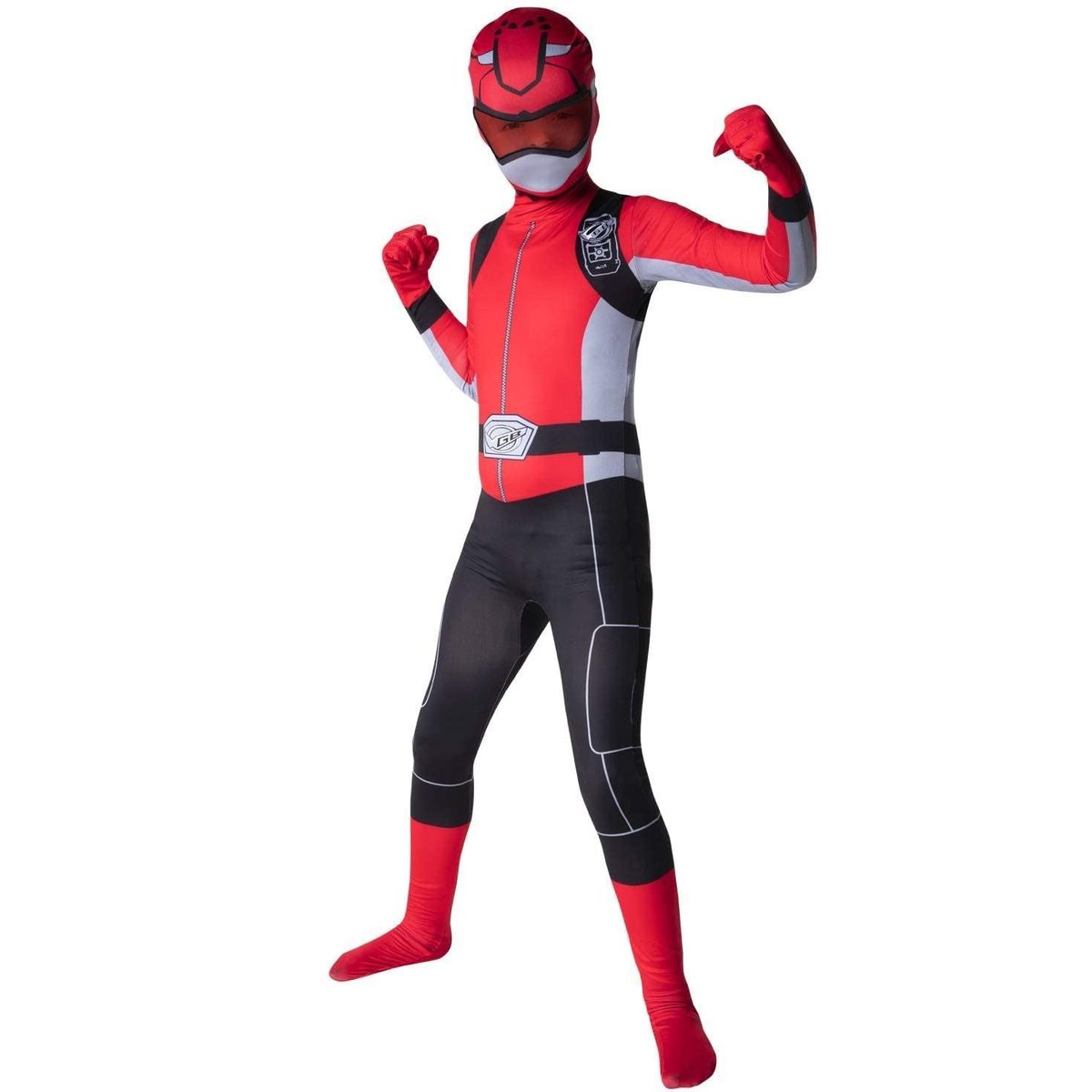 Child in a red, black and gray full-body printed morphsuit with a printed chest badge, a gray belt with a buckle emblem, red gloves and feet, and a red helmet-style hood with a dark see-through visor