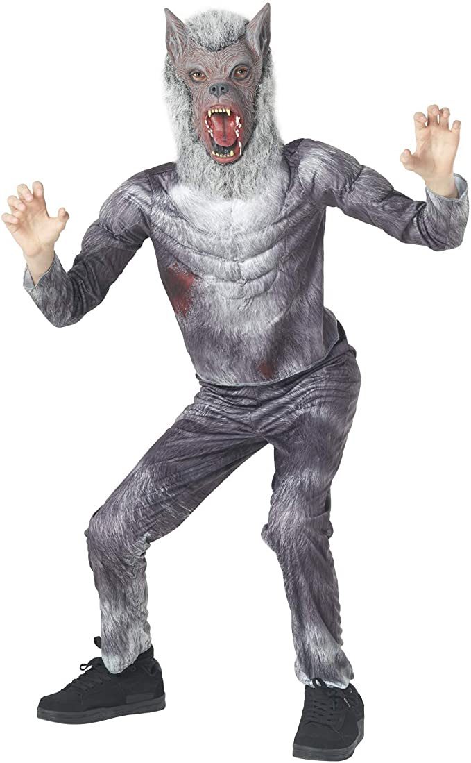Boy in a gray printed werewolf costume with a furred, muscled top and matching trousers, and a snarling gray werewolf mask with pointed ears and bared teeth