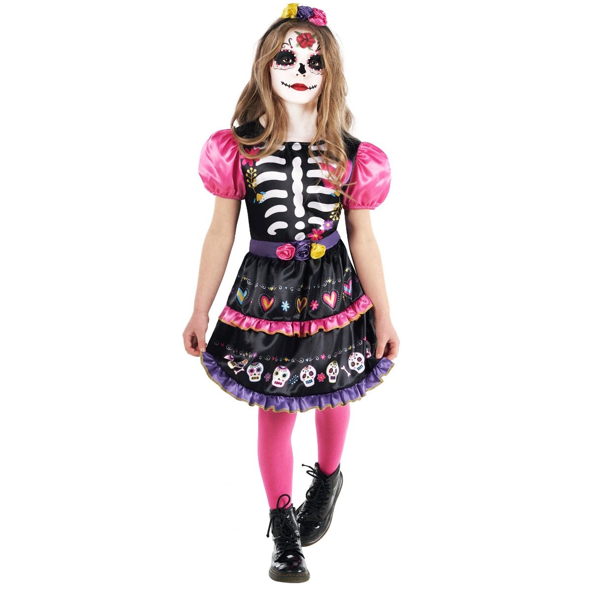 Kids Day of the Dead skeleton dress: a colorful floral skull-print dress with a headband of attached roses