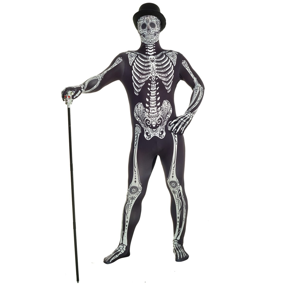 Adult Day of the Dead Morphsuit: a full-body stretch bodysuit printed head to toe with a decorative skeleton and calavera skull face