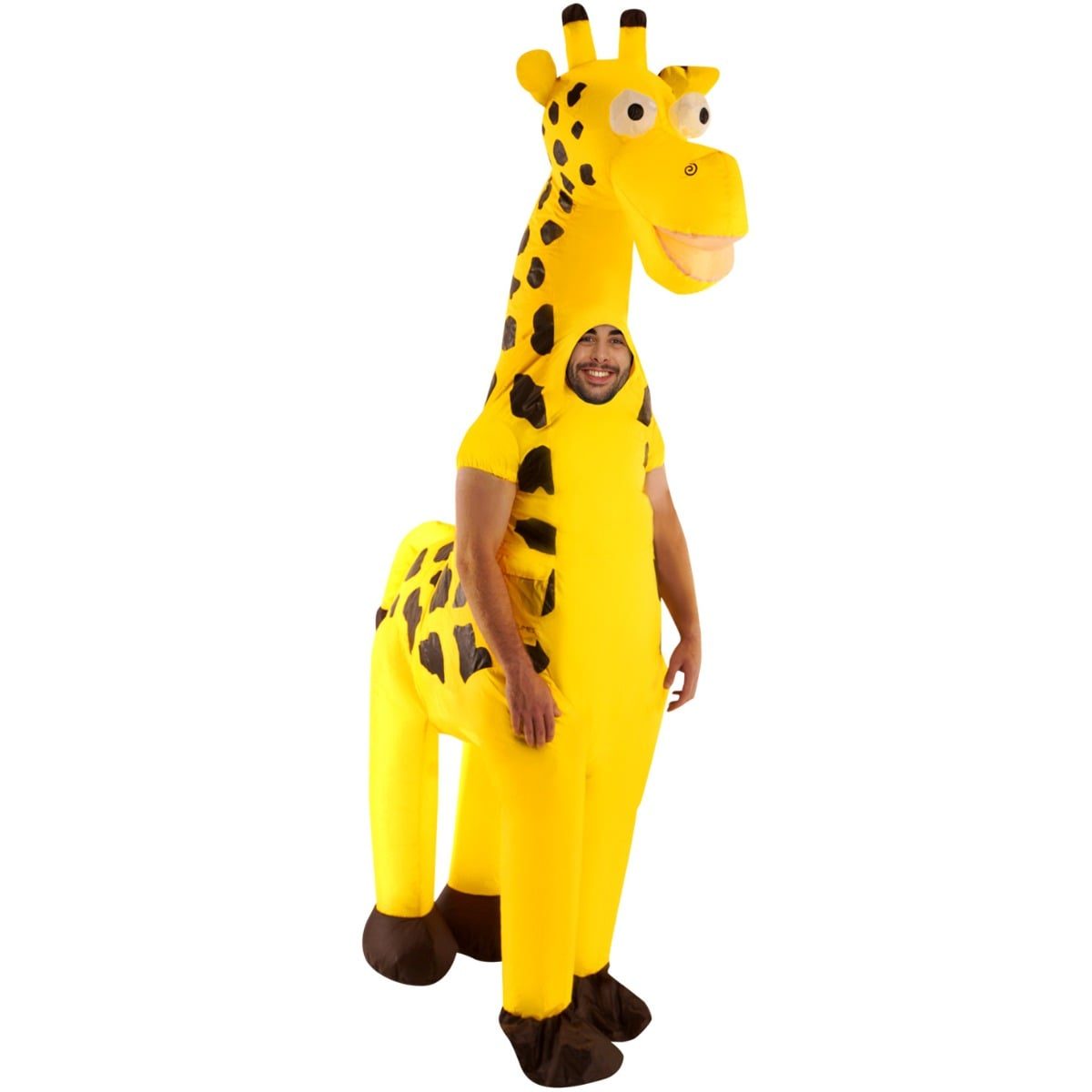Person wearing a giant inflatable giraffe costume with a long spotted neck rising above their head