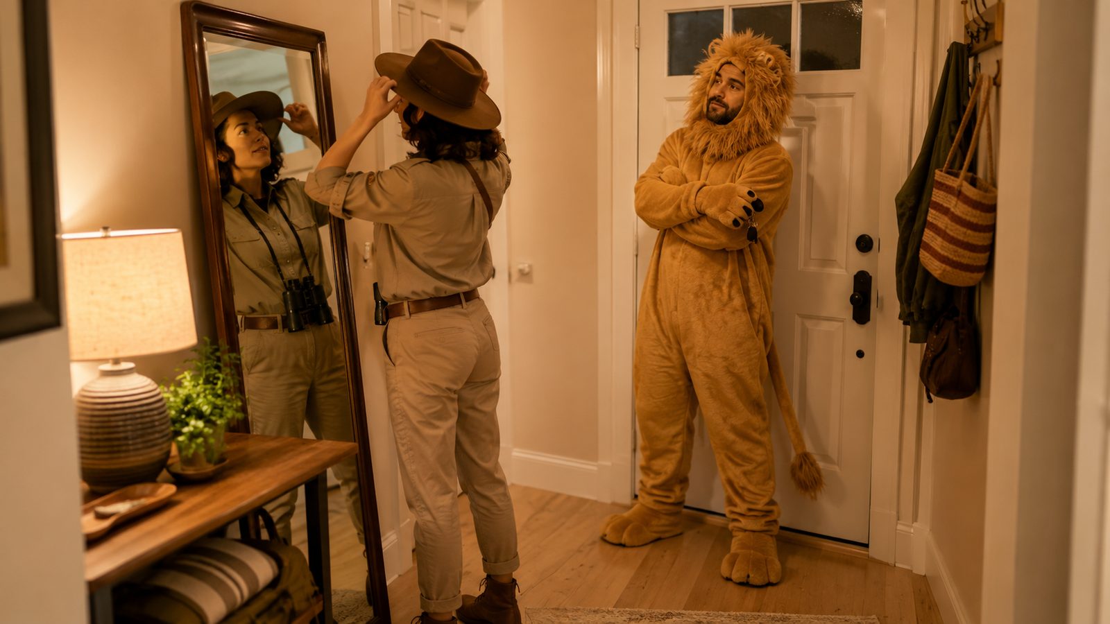 Adult in a closet-built safari guide outfit with khaki shirt, wide-brim hat and binoculars standing next to a person in a lion costume