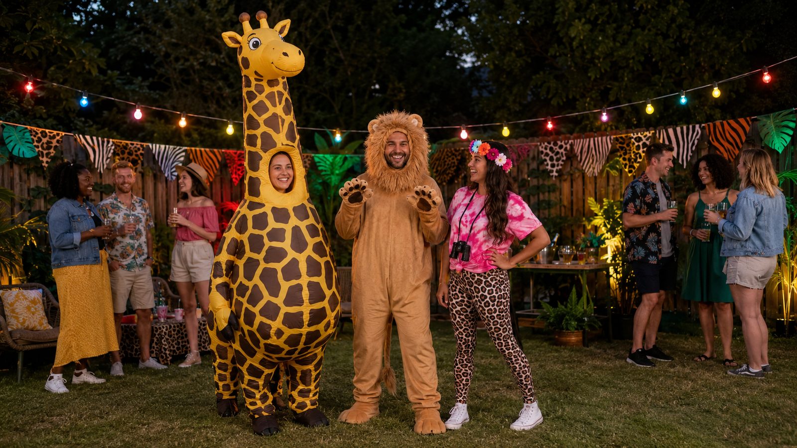 Backyard safari theme party at dusk with a giant inflatable giraffe towering over guests, one in a lion costume and one in a tiger keeper outfit