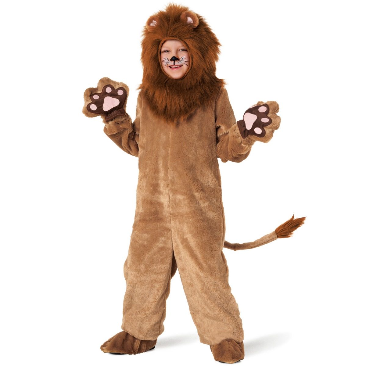 Child wearing a lion costume with a mane, attached tail and paw gloves
