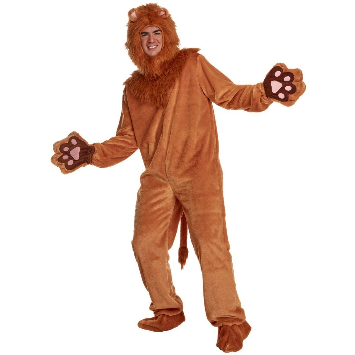 Man wearing a full-body lion costume with a mane hood and attached paws