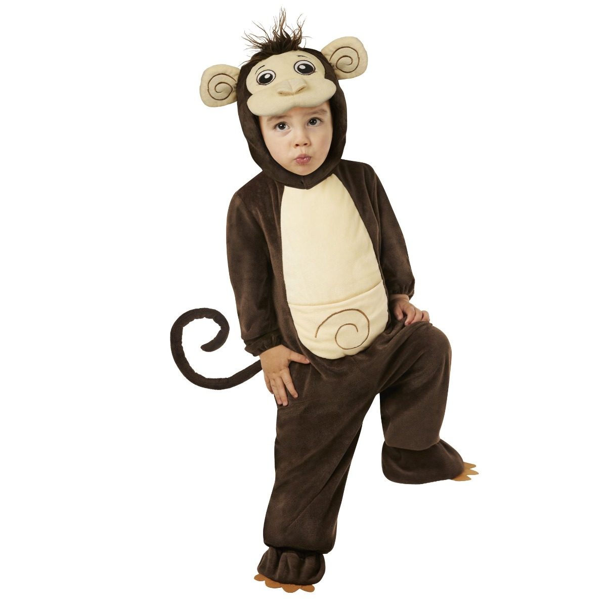 Toddler wearing a brown monkey onesie costume with a monkey-face hood, cream belly, curled tail and booties