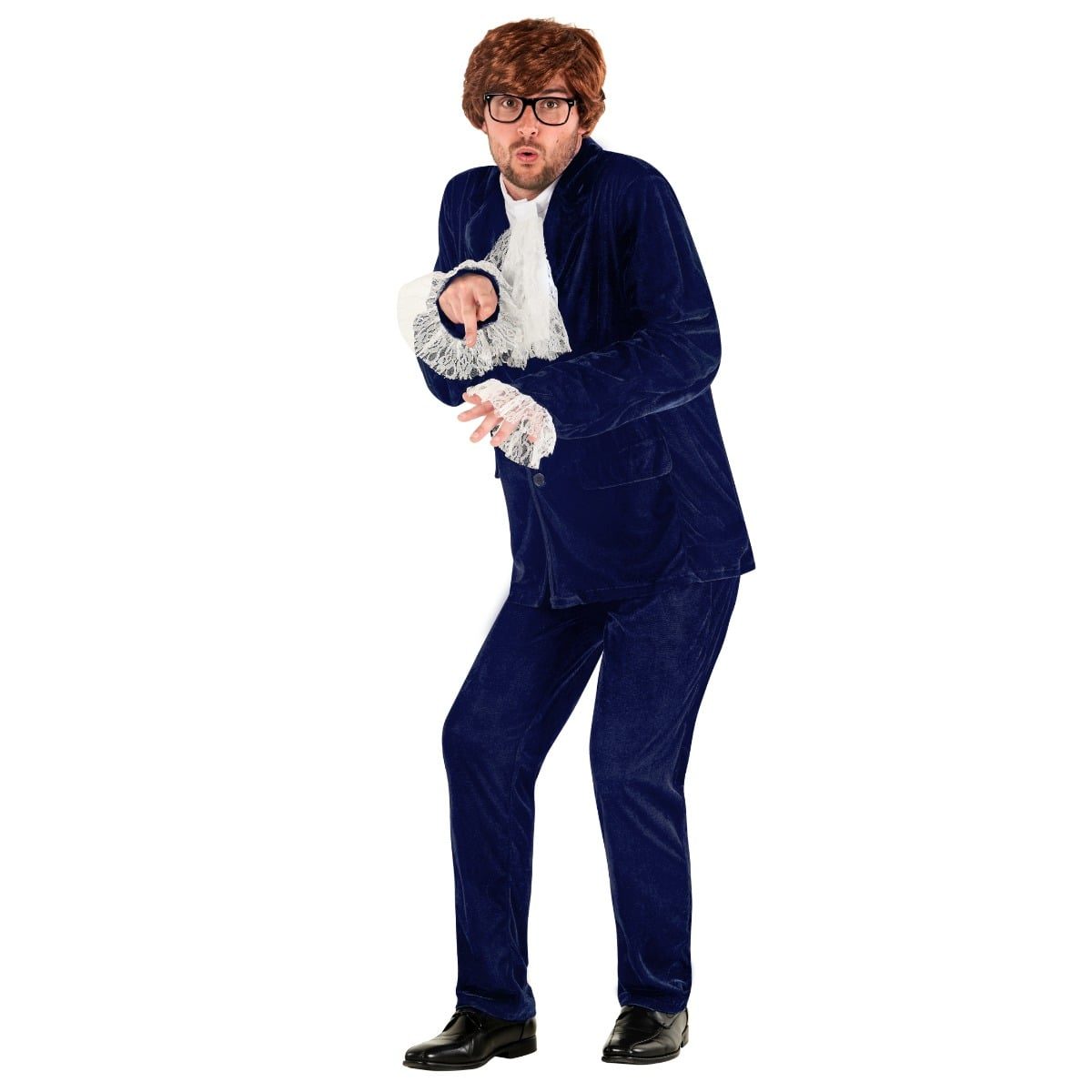 Mens navy velour 60s spy costume with white contrast cuffs, a decorative bib front and matching navy velour pants
