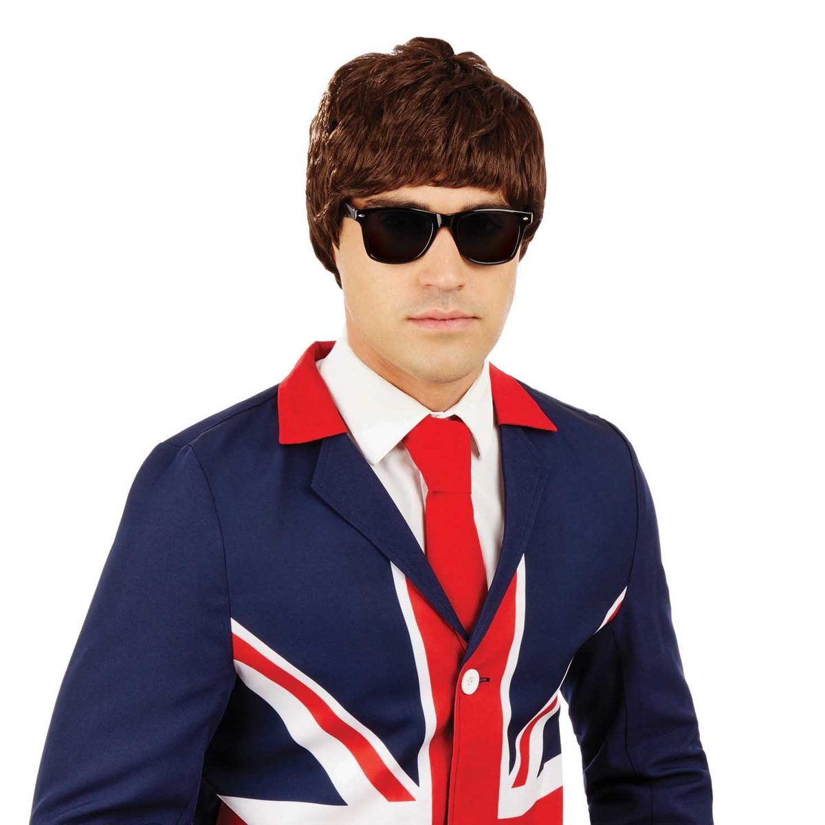 60s mod wig and glasses set, a brown bowl-cut wig paired with black sunglasses