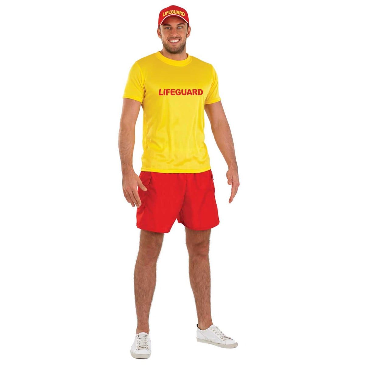 Mens 90s Lifeguard Costume, a yellow T-shirt with red shorts with side pockets and a matching red cap