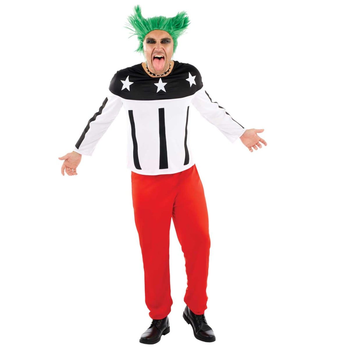 Mens 90s Rave Costume, a black and white long-sleeve top with red pants, a studded choker and a green wig