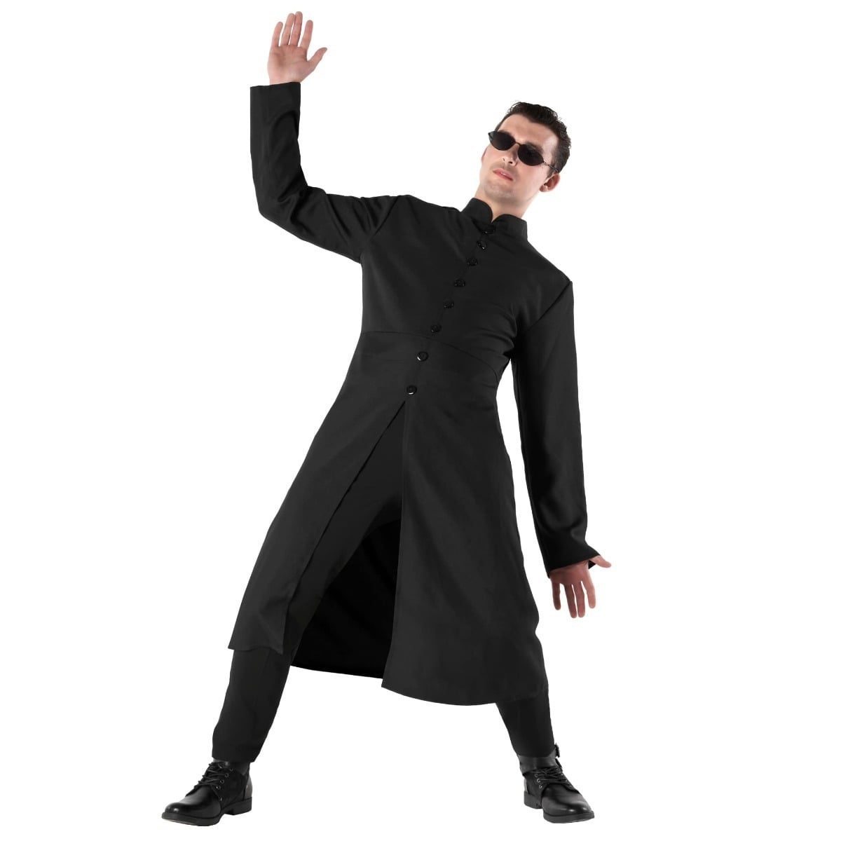 90s Sci-Fi Tailcoat Costume, a long black tailcoat with buttons down the front and black circle sunglasses