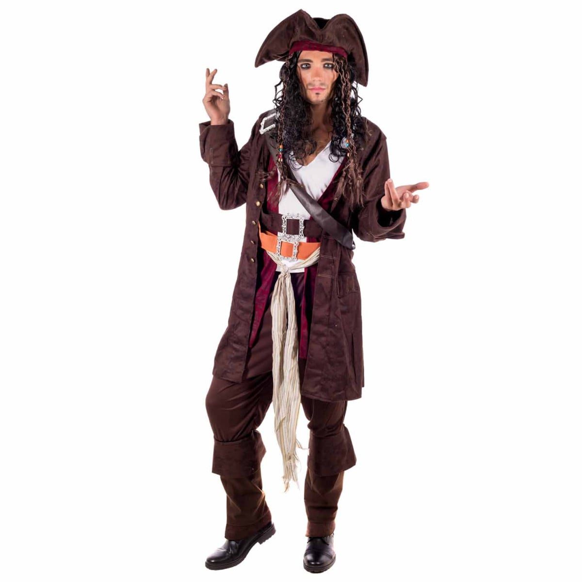 Deluxe Caribbean Pirate Costume Men, a brown longline jacket with an attached shirt and burgundy vest, worn with a tricorn hat and dreadlock wig