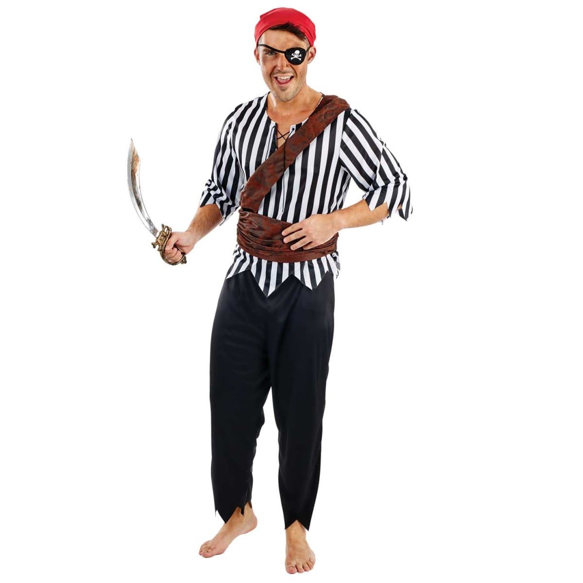 Mens First Mate Pirate Costume, a black and white striped tunic with black pants, a red bandana and a black eye patch