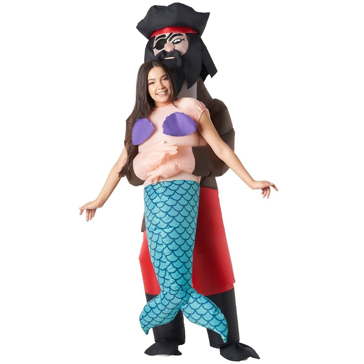 Pirate Mermaid Pick Me Up Inflatable Costume, an inflatable illusion costume of a pirate carrying a mermaid