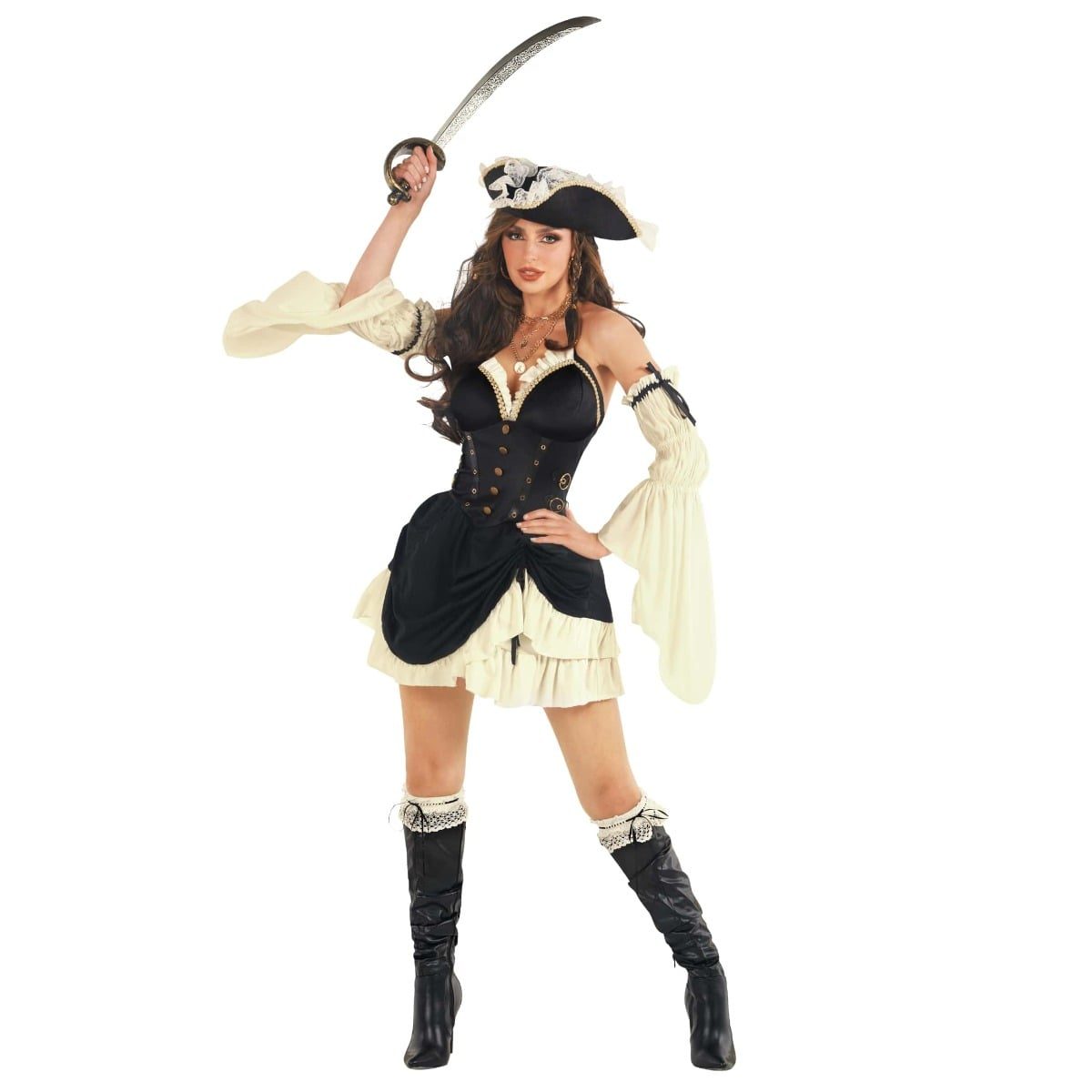 Sexy Pirate Captain Costume Womens, a black and cream dress with a fitted bodice and puffed sleeves, paired with a matching pirate captain hat
