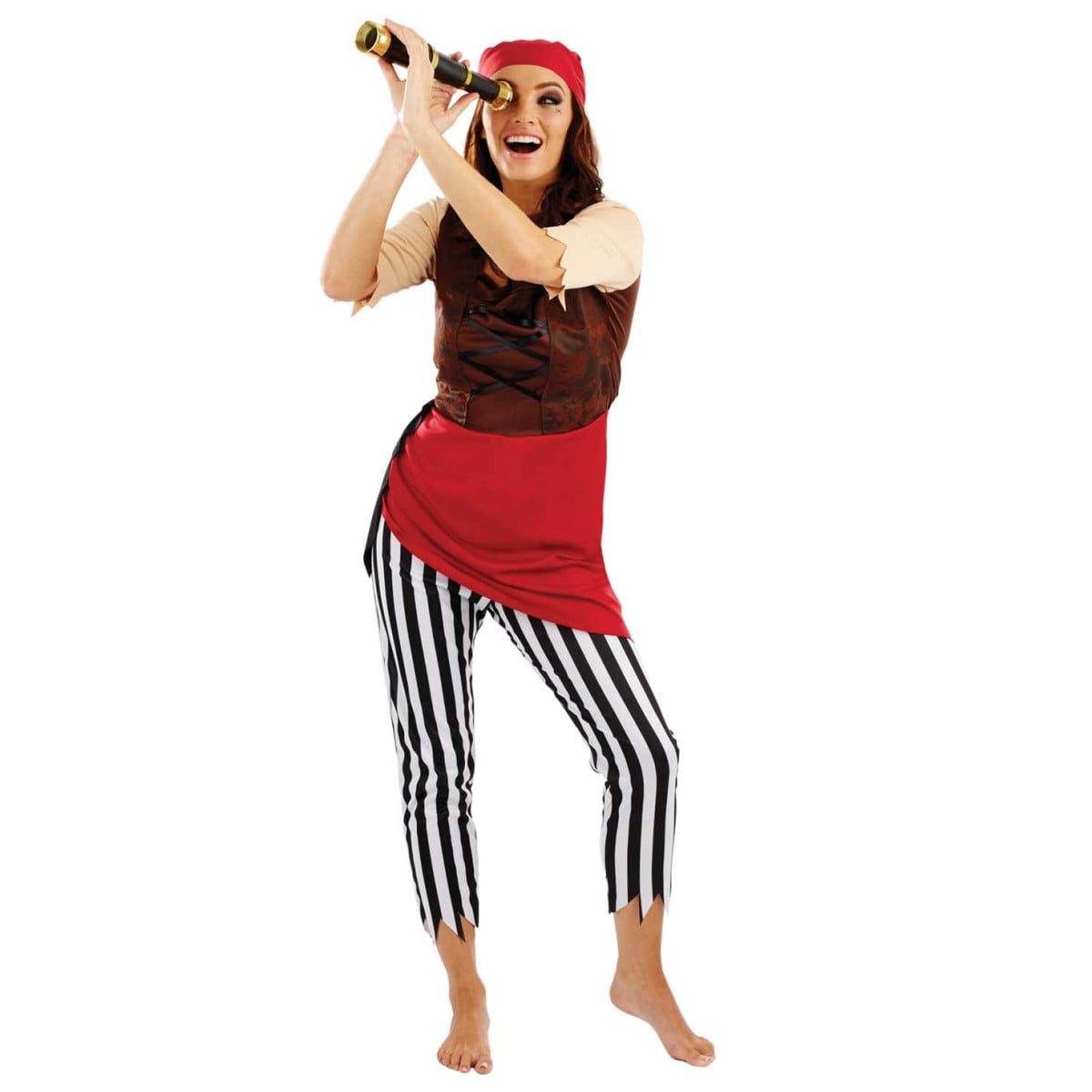 Womens First Mate Pirate Costume, a layered pirate look with a vest, a red wrap sash, and black and white striped pants
